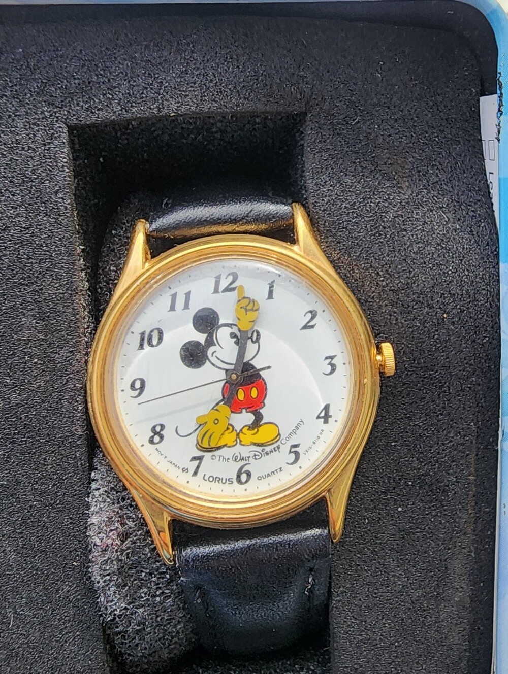 Walt Disney Mickey Mouse Gold Tone Watch with Black Leather Band